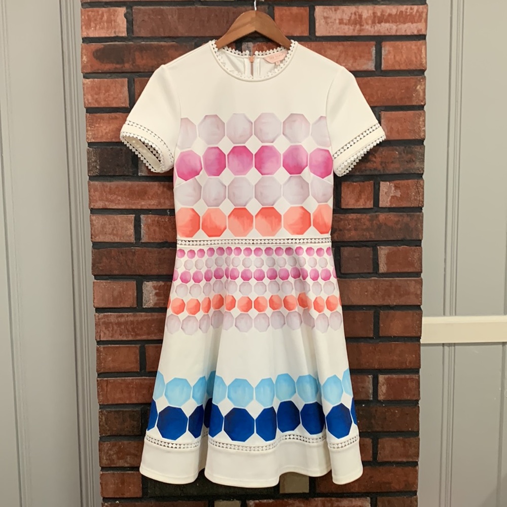 Ted Baker White Dress with Pink, Coral and Blue Hexagon Print - Picture 6 of 14